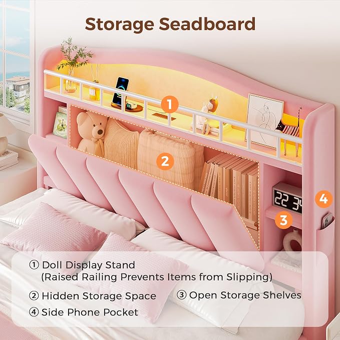 Queen LED Bed Frame with Storage Headboard & 2 Storage Drawers, Princess Velvet - Image 4