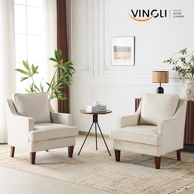 VINGLI Beige Accent Chairs Set of 2, Mid Century Modern Chairs, Upholstered - Image 2