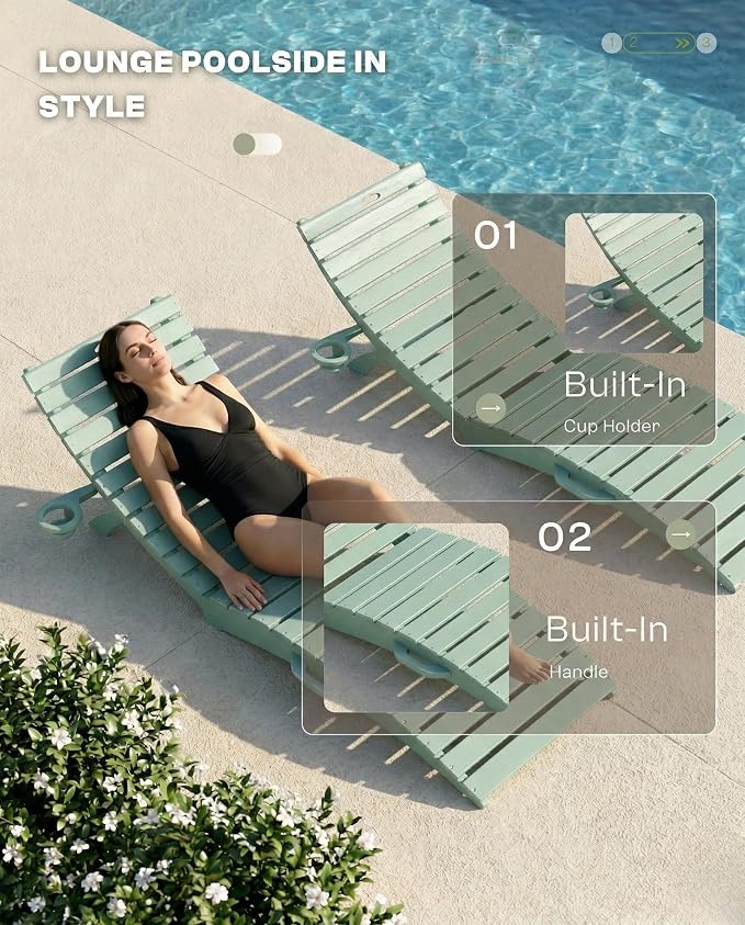Folding HDPE Pool Lounge Chairs Set of 2, Pre-Assembled Outdoor Chaise Lounge - Image 5