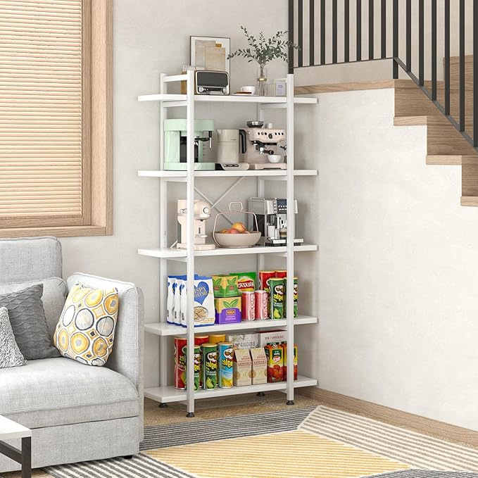 Bookshelf 5 Tiers White Wooden Storage Shelf, Modern Open Display Storage - Image 7