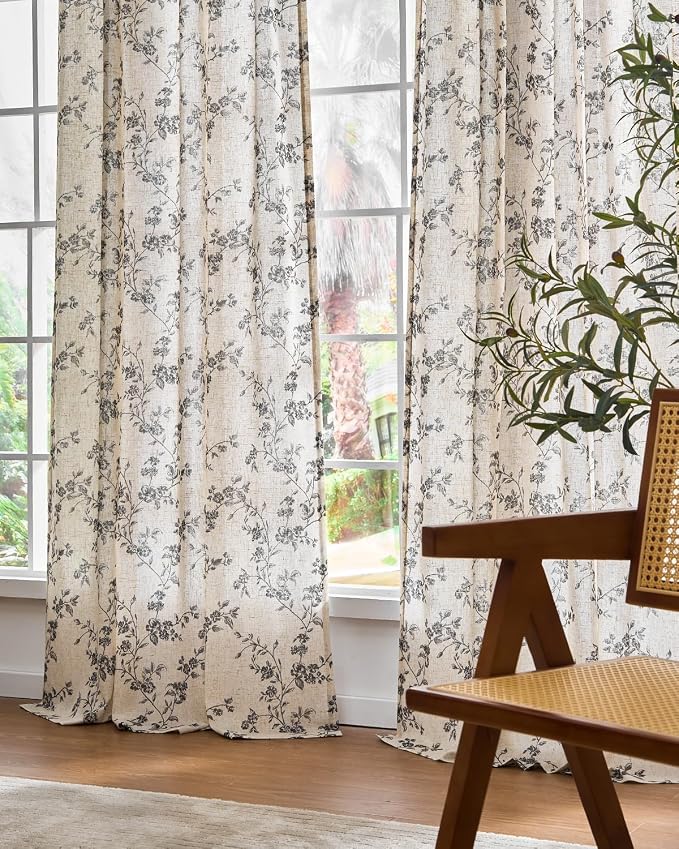Lazzzy Farmhouse Linen Curtains Black Floral Curtains 63 Inch Length Back Tab - Image 7