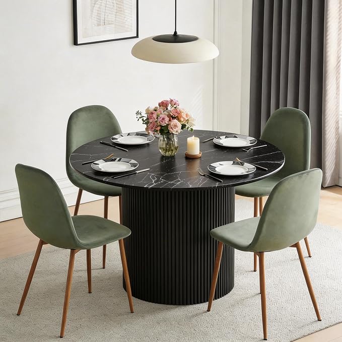 Dining Table Set for 4, Mid Century Modern 47 Inch Black Marble-Look Wooden by somedream