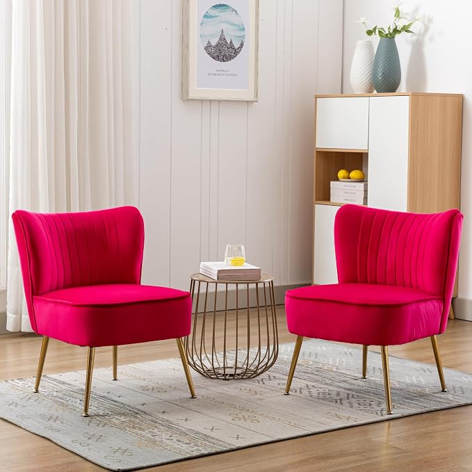 Velvet Accent Chair Set of 2 Comfy Living Room Chair Armless Slipper Chair Mid - Image 9