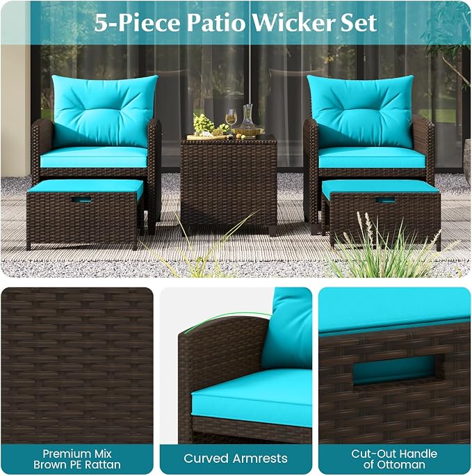 Tangkula 5 Pieces Patio Conversation Set, PE Wicker Outdoor Furniture Set - Image 5