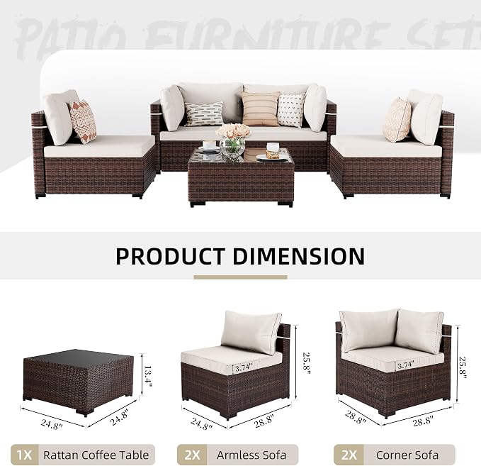 UPHA 5 Pieces Patio Furniture Sets, Wicker Outdoor Sectional Sofa Couch - Image 2