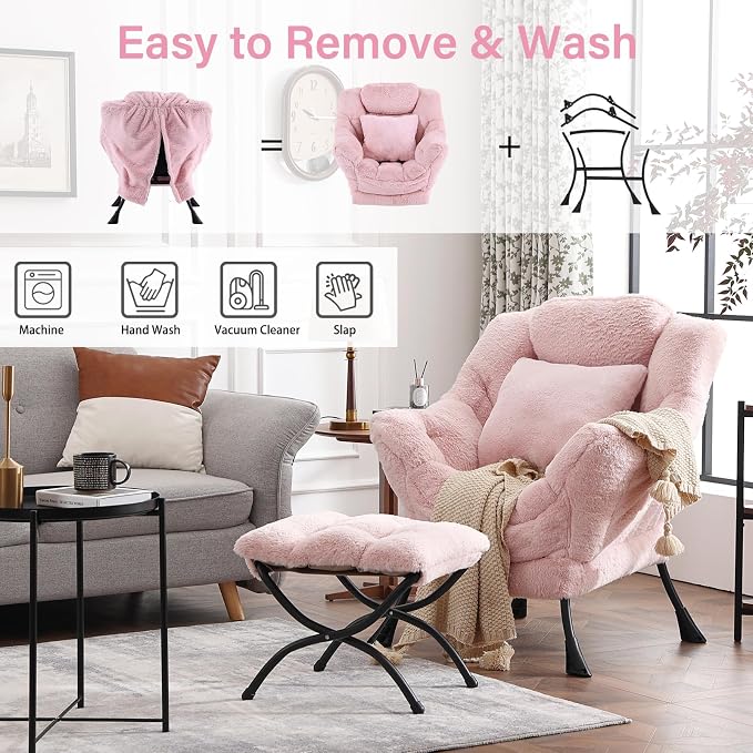 Lazy Chair with Ottoman, Large Pink Accent Chair with Ottoman and FA Throw - Image 6
