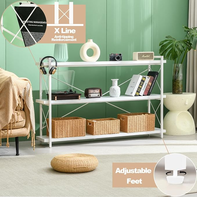 HCHQHS Bookshelf, 3-Tier Long Industrial Bookcase, Freestanding Horizontal - Image 6