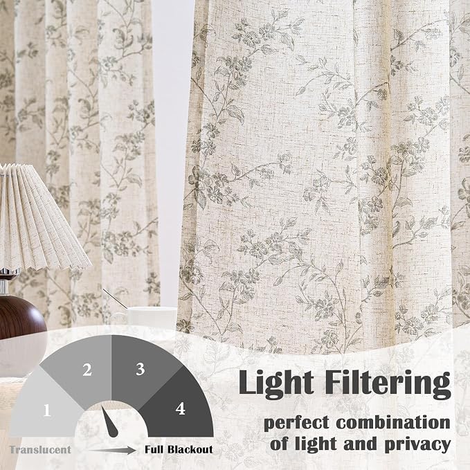 Lazzzy Farmhouse Linen Curtains Extra Long Gray Floral Curtains 108 Inch Long - Image 3