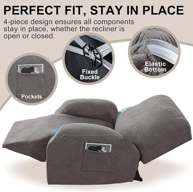 Recliner Chair Covers, 4-Piece Stretch Geometric Strokes Jacquard Reclining - Image 4