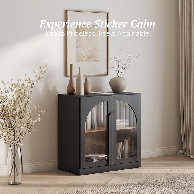 BELLEZE 2 Tier Bookshelf with Arched Glass Door, Modern Display Bookcase Shelf - Image 3