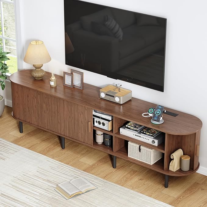 86.6" TV Stand with Power Outlet, Mid-Century Modern Television Stand, Fluted - Image 3