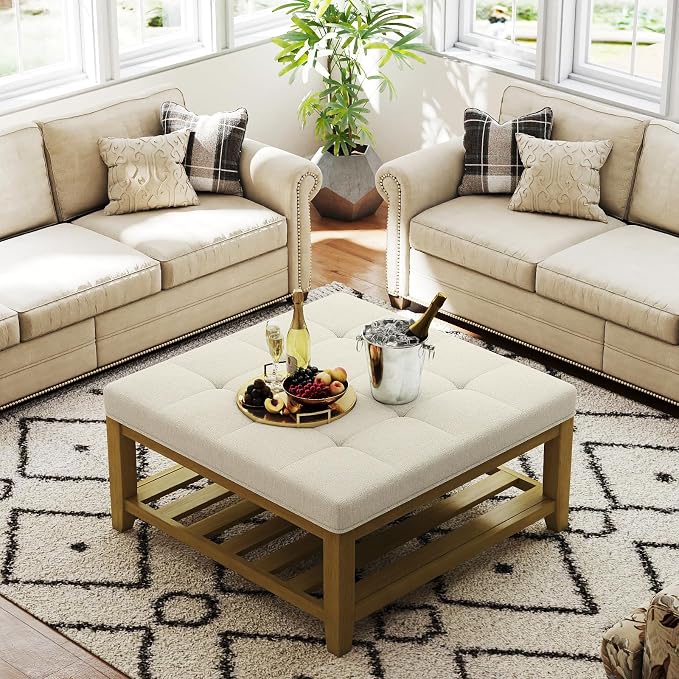 Befurtori Large Square Ottoman Coffee Table, Linen Solid Upholstered Footrest - Image 4