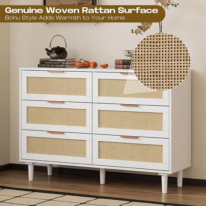 FUQARHY 6 Drawer Dresser Rattan Dresser Modern Chest - Image 5