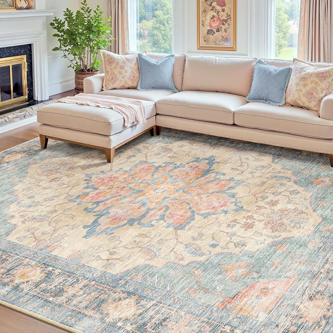 RELEANY Area Rugs 7'x10' Washable Non-Slip, Floral Vintage Distress Print by RELEANY