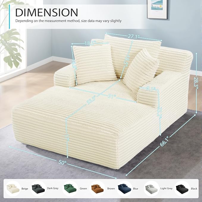 ivoros 50 Inch Chaise Lounge Chair Indoor, Oversized Corduroy Upholstered - Image 2