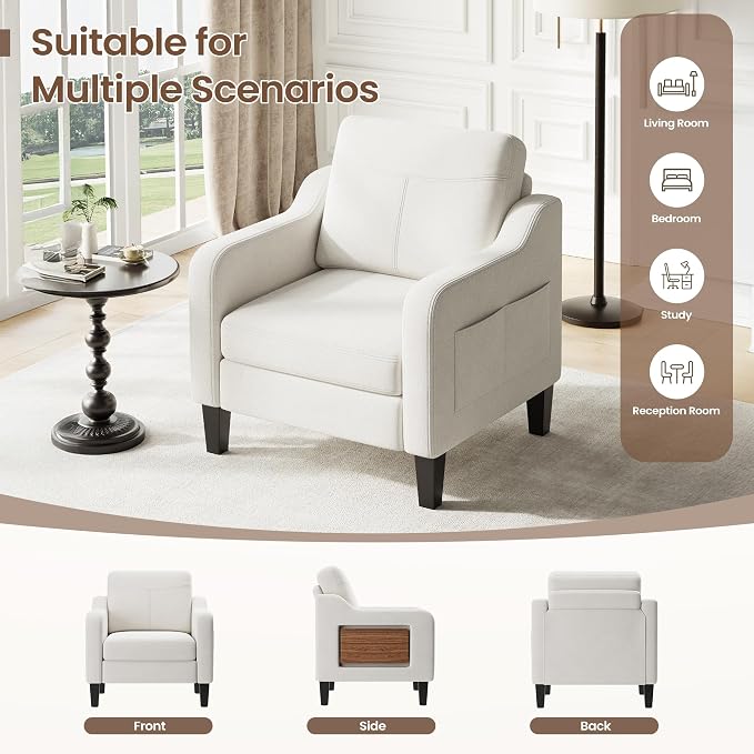 Accent Chair for Living Room Modern Linen Upholstered Armchair Side Wooden - Image 5