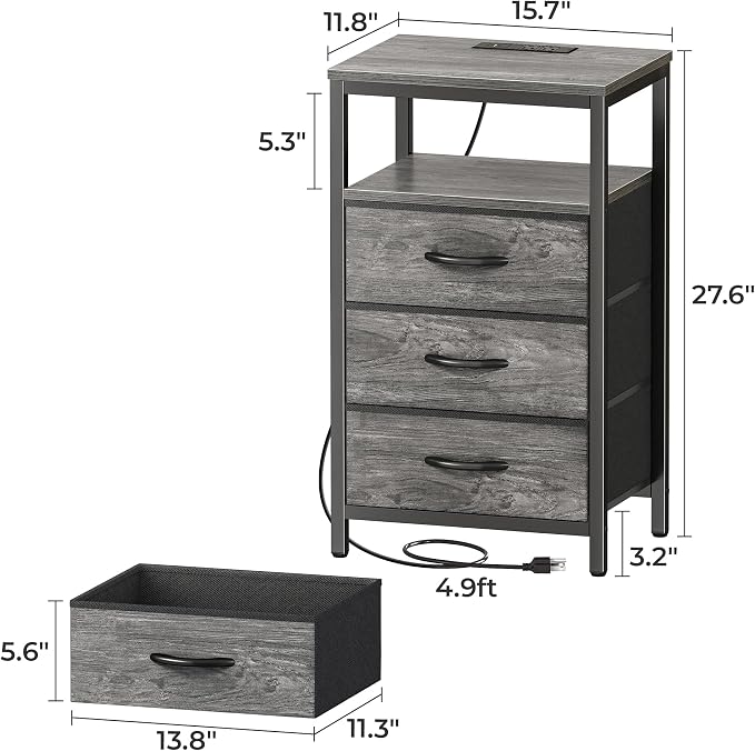 Huuger Nightstand with Charging Station, 27.6 Inch End Table Bedside Table with - Image 2