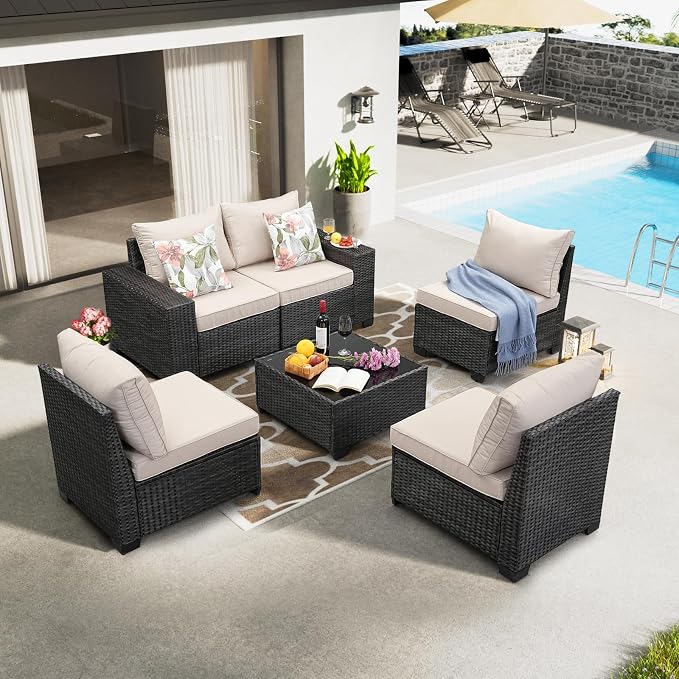JOYURE 6 Pieces Patio Furniture Set All-Weather Outdoor Wicker Sectional - Image 8