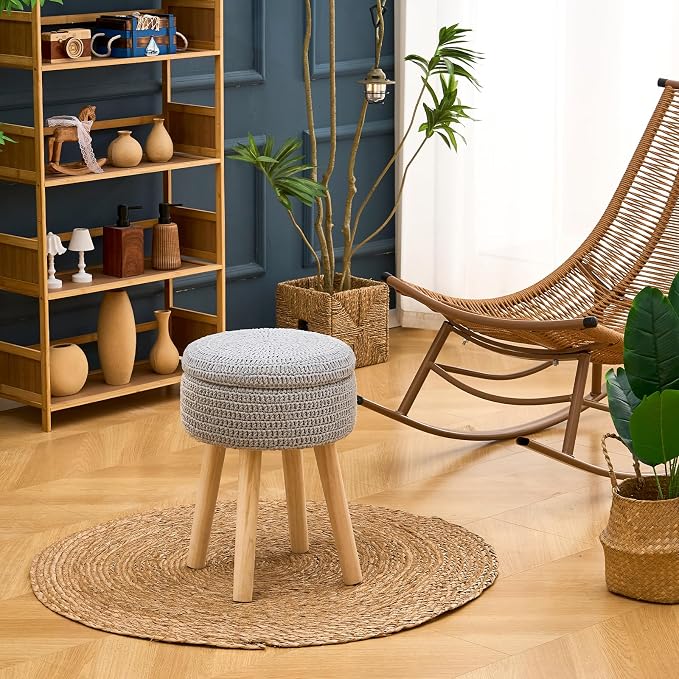 Wimarsbon Pouf Ottoman, 100% Cotton Knitted Boho Footstool, Round Footrest - Image 2
