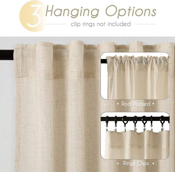 Greyish Beige Linen Curtain 102 inch Length 2 Panels Set Back Tab Light - Image 2