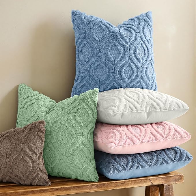 decorUhome Throw Pillow Covers 24x24 Inch Set of 2, Soft Plush Faux Wool Blue - Image 2