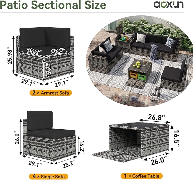 Aoxun 7 Piece Patio Furniture Set, All-Weather Wicker Outdoor Furniture 6 Seats - Image 7