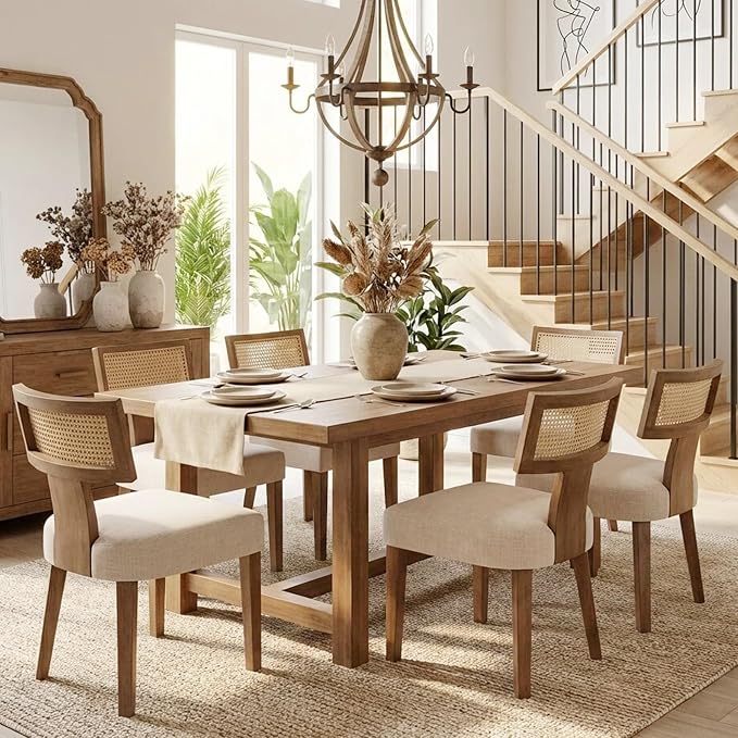 HNY Mid Century Modern Rattan Dining Chairs Set of 6, Farmhouse Linen by HNY