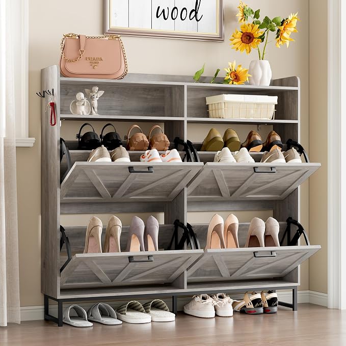 BORNOON Shoe Cabinet with 4 Flip Drawers Narrow Shoe Storage Cabinet Organizer - Image 3