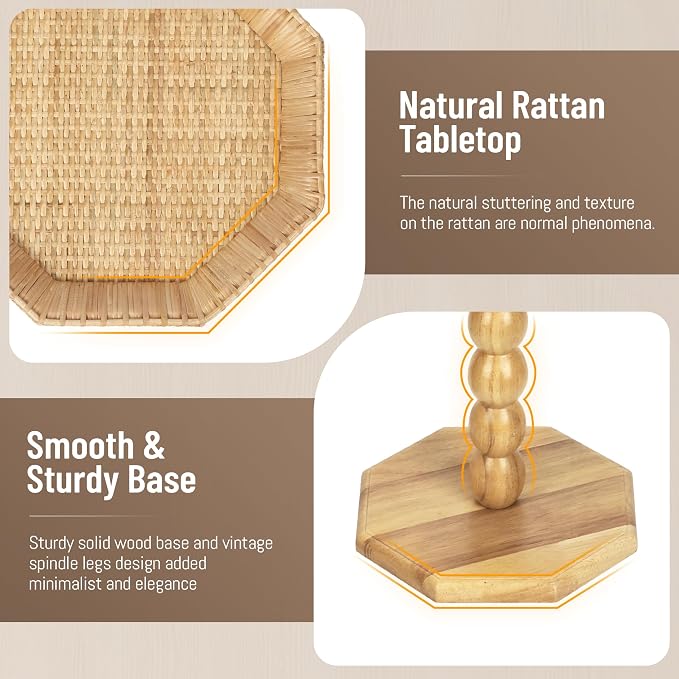 Natural Rattan End Table, Boho Solid Wood Octagon Side Table - Image 5