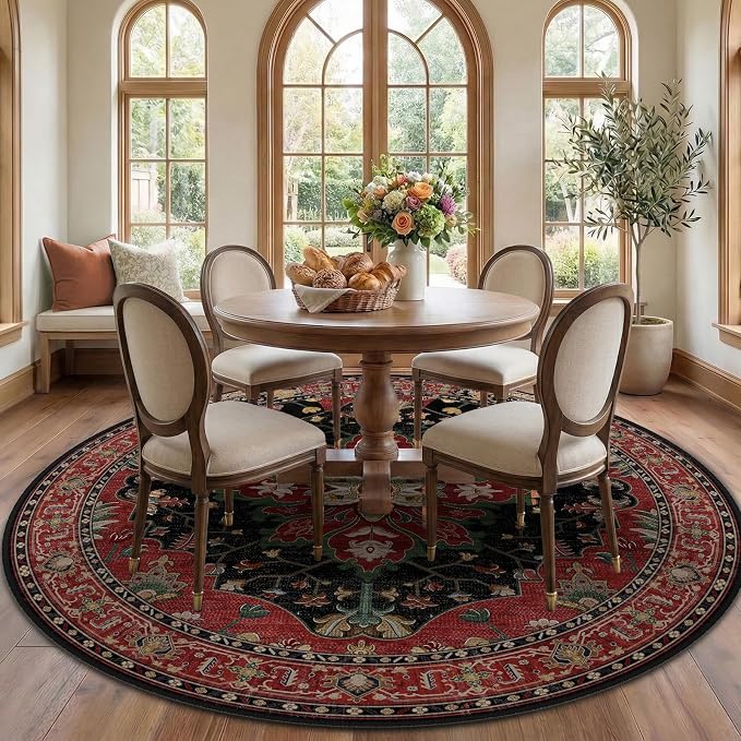 RELEANY Area Rugs Round 7ft Washable Non-Slip, Floral Vintage Distress Print by RELEANY
