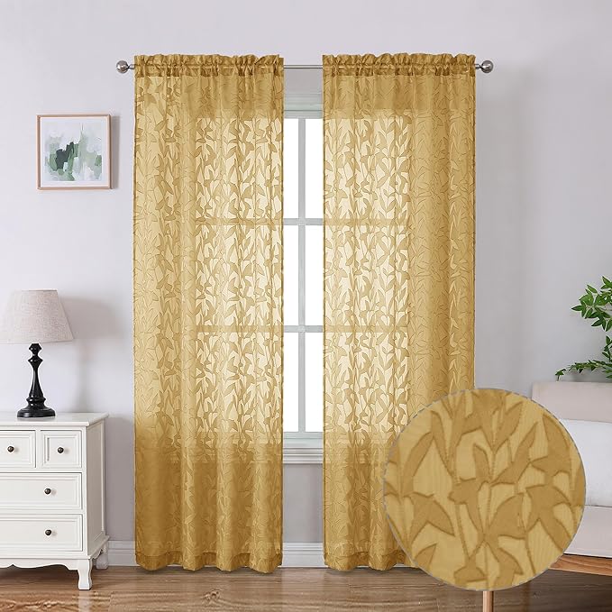 Lecloud Leia Dark Gold Sheer Curtains 84 Inches Long 2 Panels, Jacquard by Lecloud