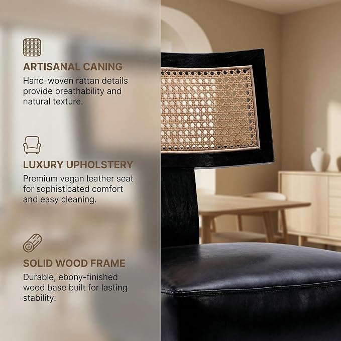 HNY Mid Century Modern Rattan Dining Chairs Set of 6, Farmhouse PU Leather - Image 4
