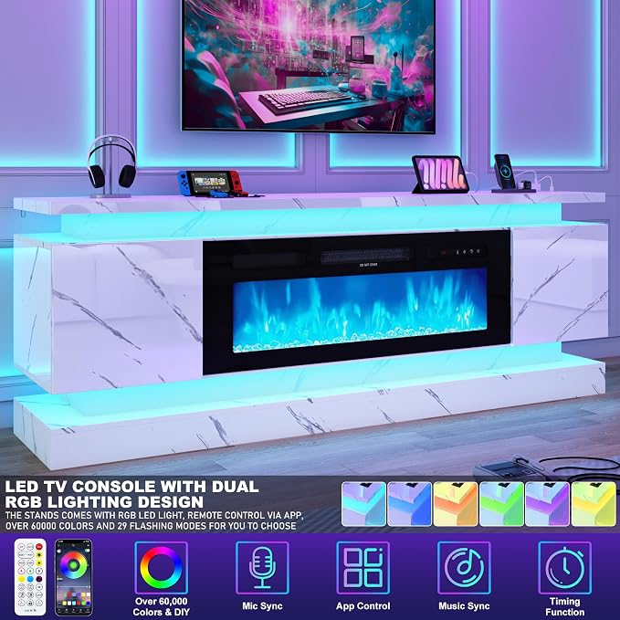 chartustriable 71IN LED TV Stands w/40 inch Fireplace Power Outlet - Image 5
