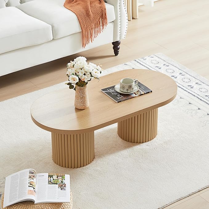 Oval Fluted Coffee Table, Farmhouse Wood Coffee Table Mid Century Modern Center - Image 4