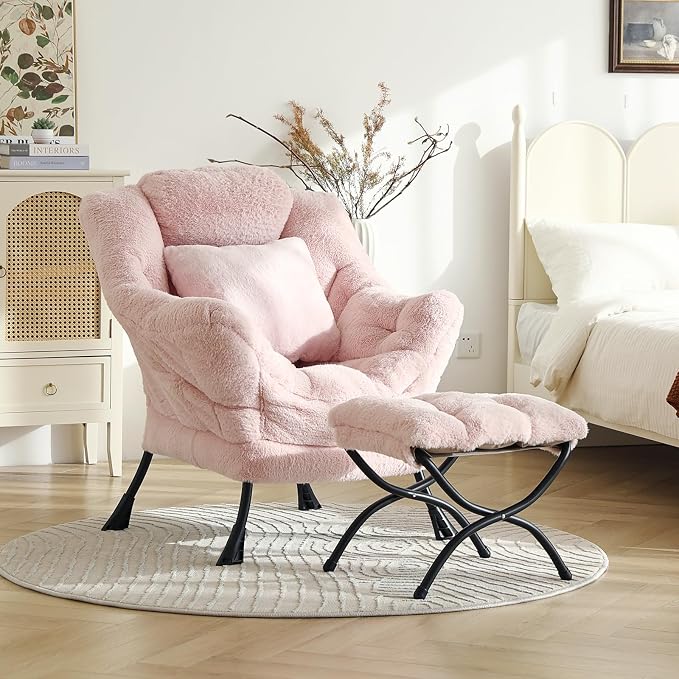 Lazy Chair with Ottoman, Large Pink Accent Chair with Ottoman and FA Throw - Image 2