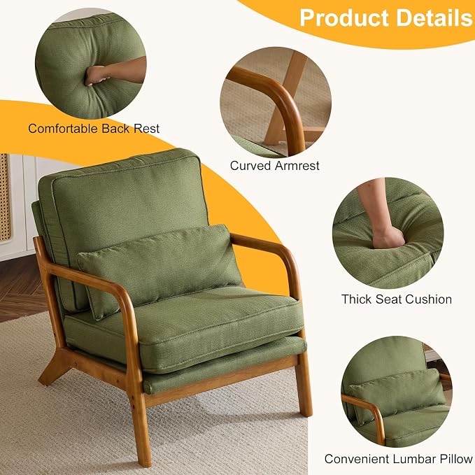 Bonnlo Dark Green Linen Accent Chairs Set of 2, Upholstered Mid Century Modern - Image 5