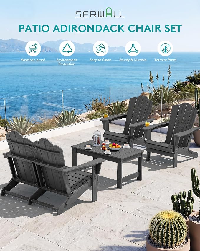 SERWALL 4 Pieces HDPE Patio Adirondack Chair Set, 2 Adirondack Chair - Image 4