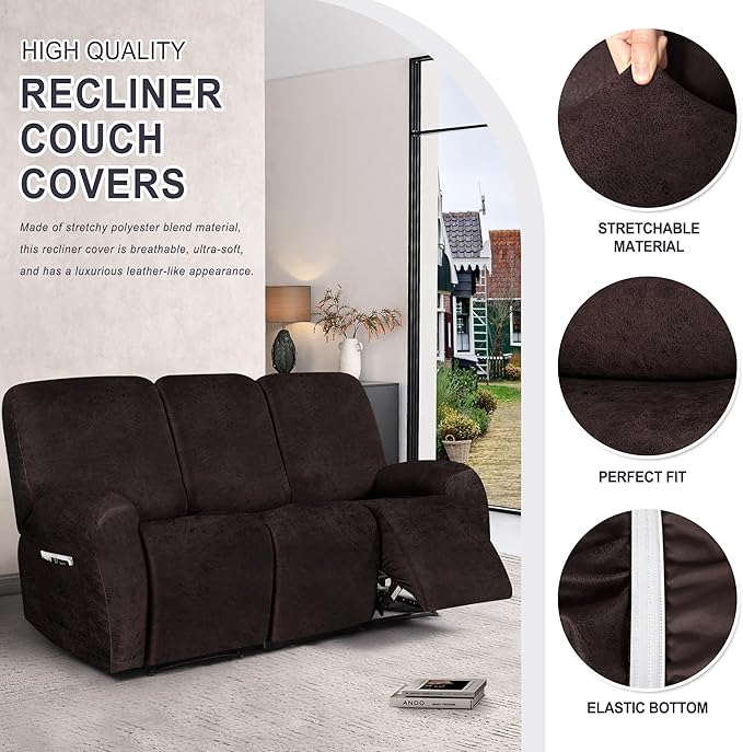 ANARACHON Leather Look Recliner Couch Cover, 8-Pieces Stretch Recliner Sofa - Image 4