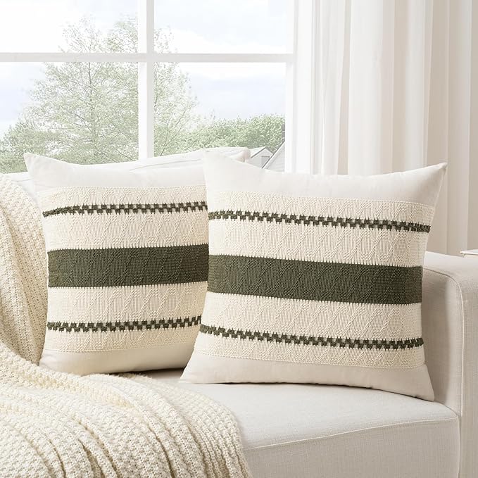 Fancy Homi Set of 1 Boho Olive Green Euro Decorative Throw Pillow Cover 26x26 - Image 2