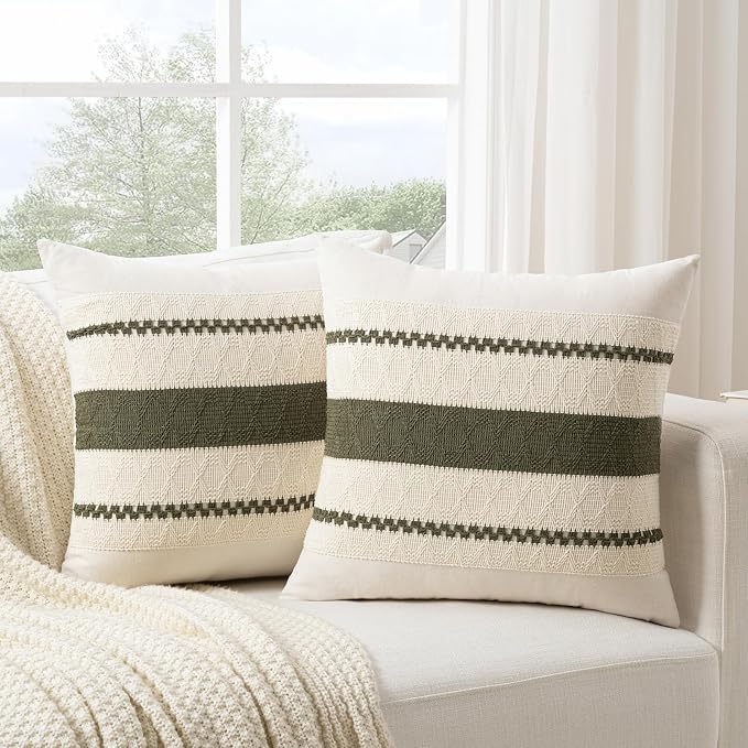 Fancy Homi Set of 1 Boho Olive Green Big Decorative Throw Pillow Cover 24x24 - Image 2