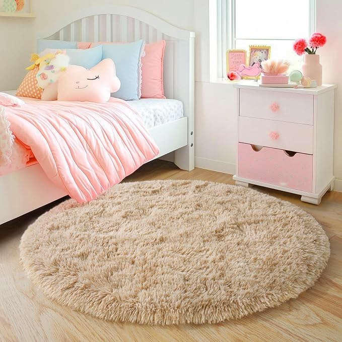 4'x4' Beige Round Rug for Bedroom, Ultra Soft Fluffy Circle Rug for Kids Girls - Image 6