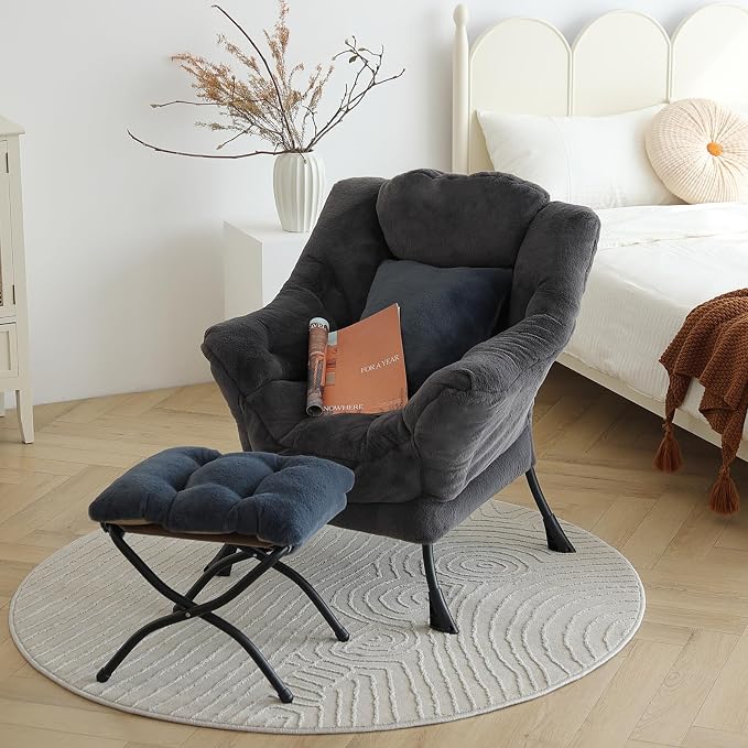 Lazy Chair with Ottoman, Large Blue Gray Accent Chair with Ottoman and FA Throw - Image 4