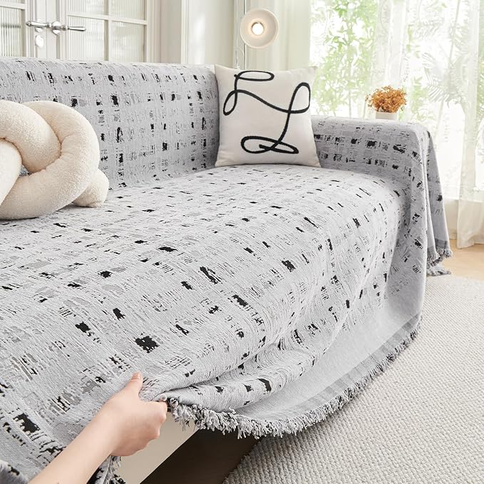 DREAMINGO Abstract Chenille Couch Cover Blanket Grey Black Boho Sofa Cover - Image 2