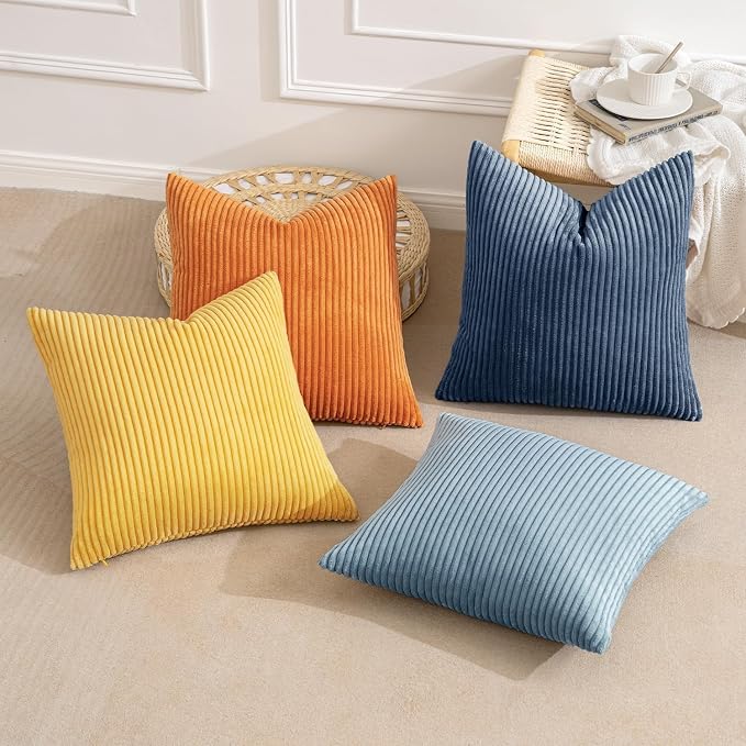 MIULEE Pack of 4 Blue-Orange Corduroy Decorative Throw Pillow Covers 20x20 Inch - Image 3