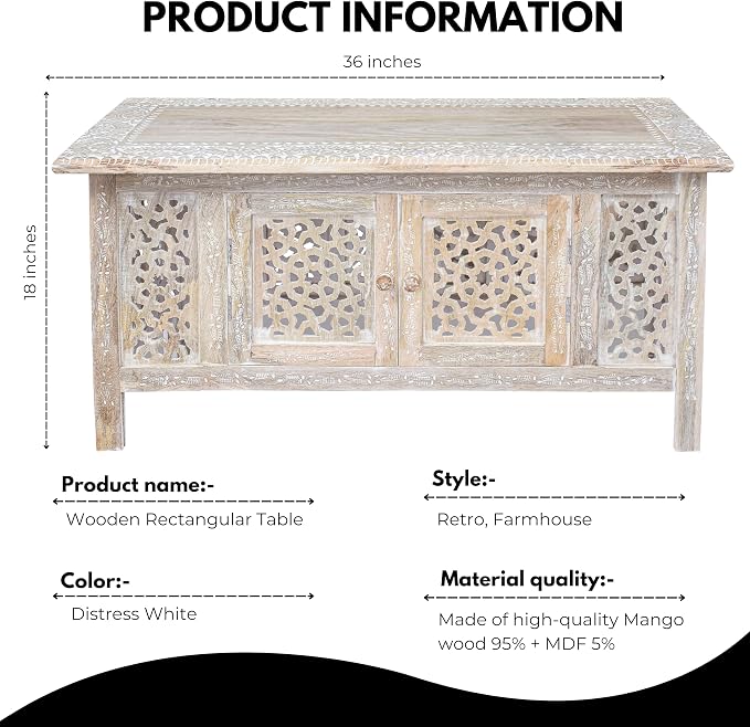 Hand-Carved Wooden Coffee Table – 36” x 18” Rectangular Mango Wood Center Table - Image 3