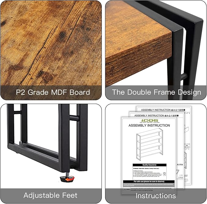 HCHQHS Bookshelf, 4-Tier Industrial Bookcase, Rustic Wood and Metal Open - Image 4