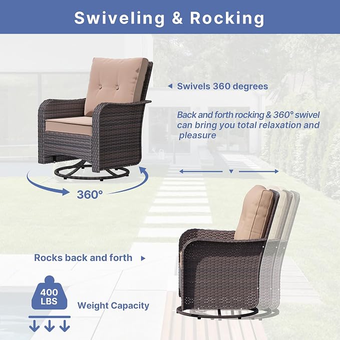 ALAULM 3 Piece Wicker Patio Chairs Outdoor Swivel Rocker Chairs - Image 6