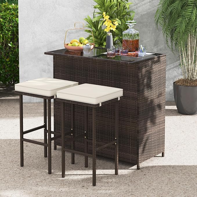 Tangkula Patio Bar Set, 3 Piece Outdoor Rattan Wicker Bar Set - Image 3