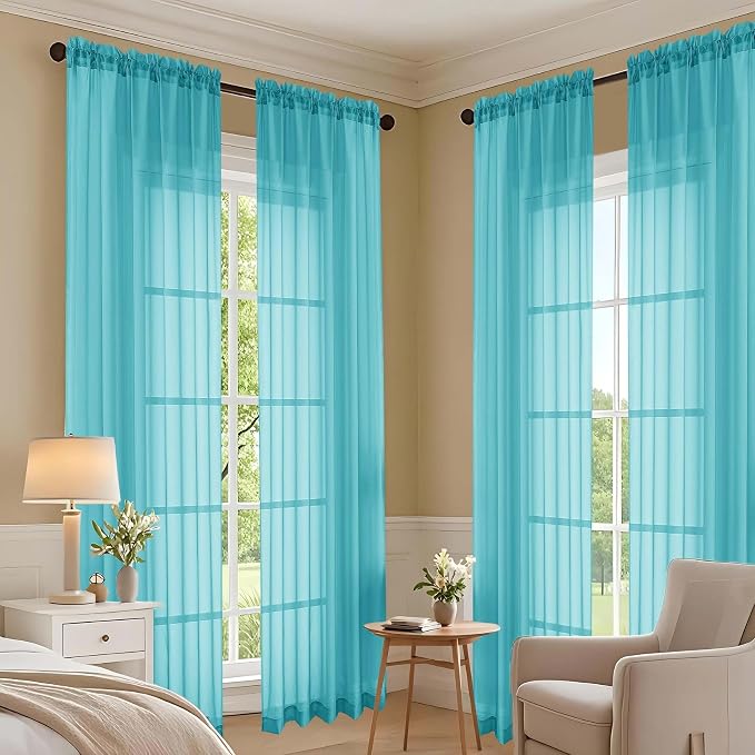 OVZME Turquoise Sheer Curtains 63 Inches Long 2 Panels Set, Light Filtering - Image 7
