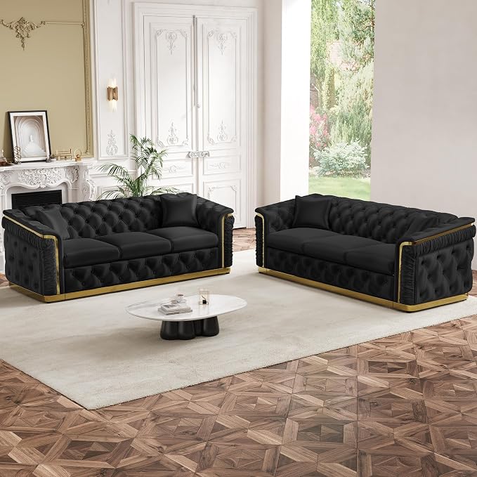 Luxury Chesterfield Sofa Set of 2, Velvet Tufted Couch Victorian Black and Gold - Image 3